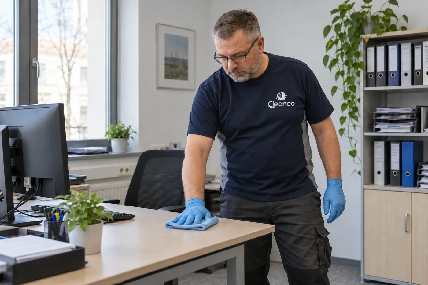 Büroreinigung in München: Abwischen eines Schreibtischs in einem Büro (Symbolbild)
