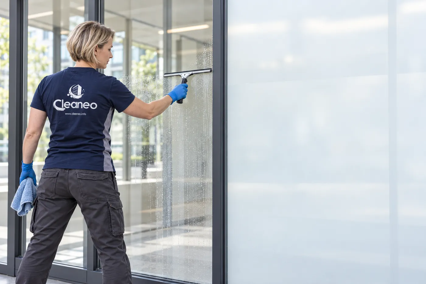 Fenster- und Glasreinigung in München: Reinigung einer Glasfront mit Abzieher (Symbolbild)