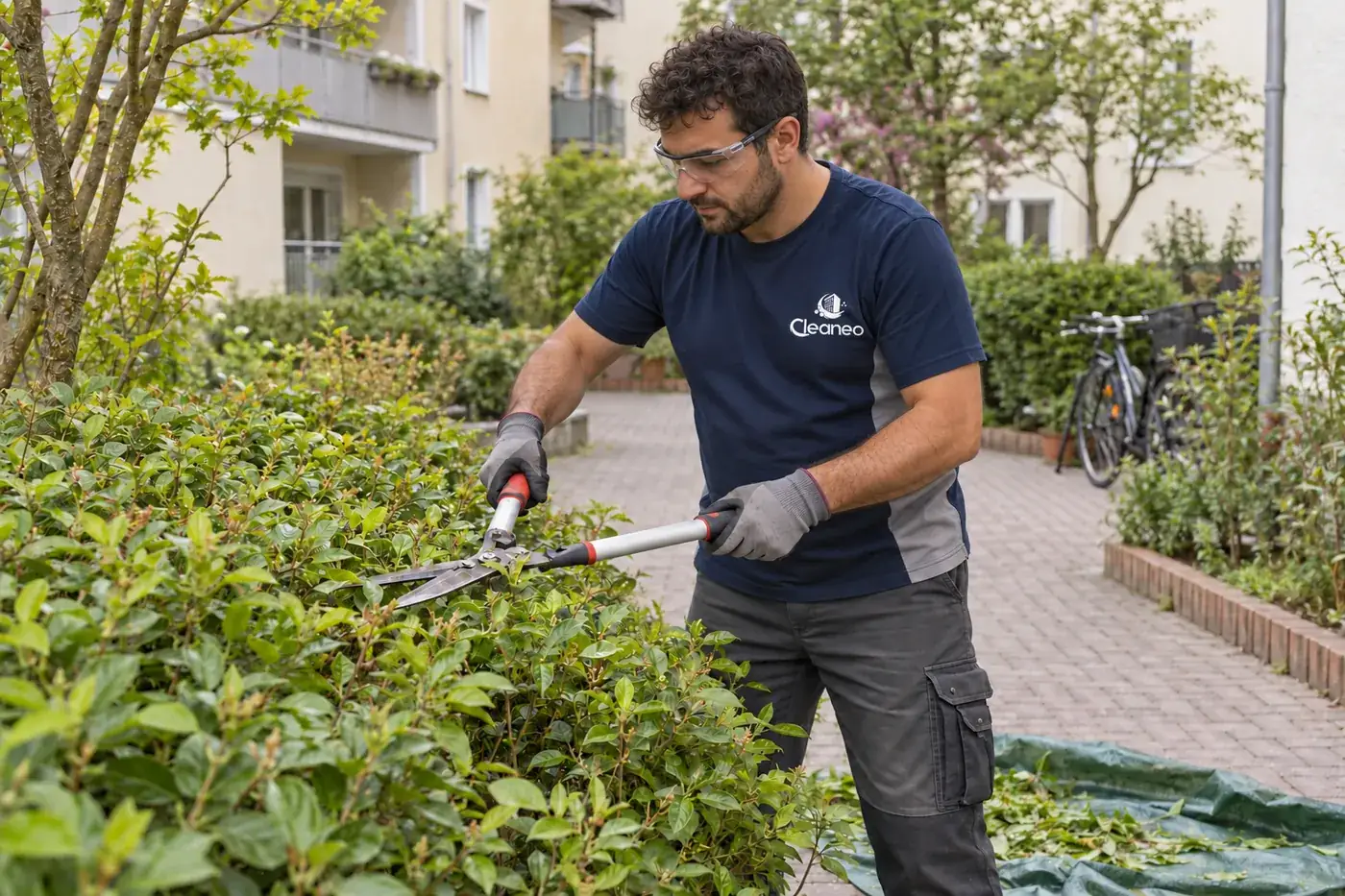 Hausmeisterservice und Grünpflege in München: Heckenschnitt im Innenhof einer Wohnanlage (Symbolbild)