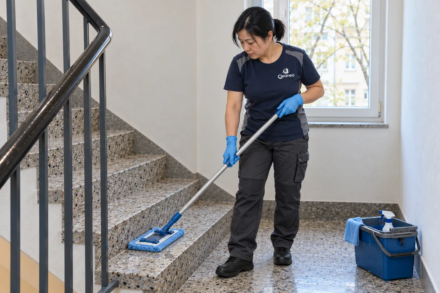 Treppenhausreinigung in München: Wischen einer Treppe in einem Mehrfamilienhaus (Symbolbild)